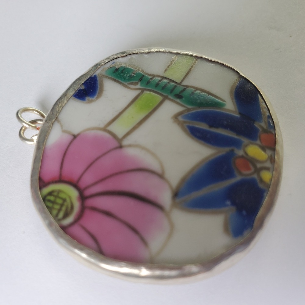 Floral Porcelain Pottery Shard Pendant Pink & Blue Vintage Broken China Jewelry - Picture 2 of 12